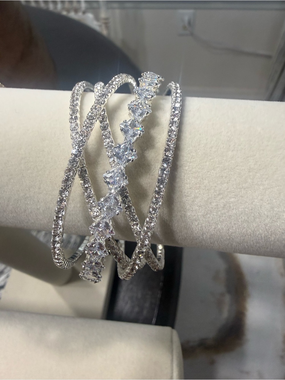 Crystal-Embellished Silver Multi-Bangle Bracelet Set for Women